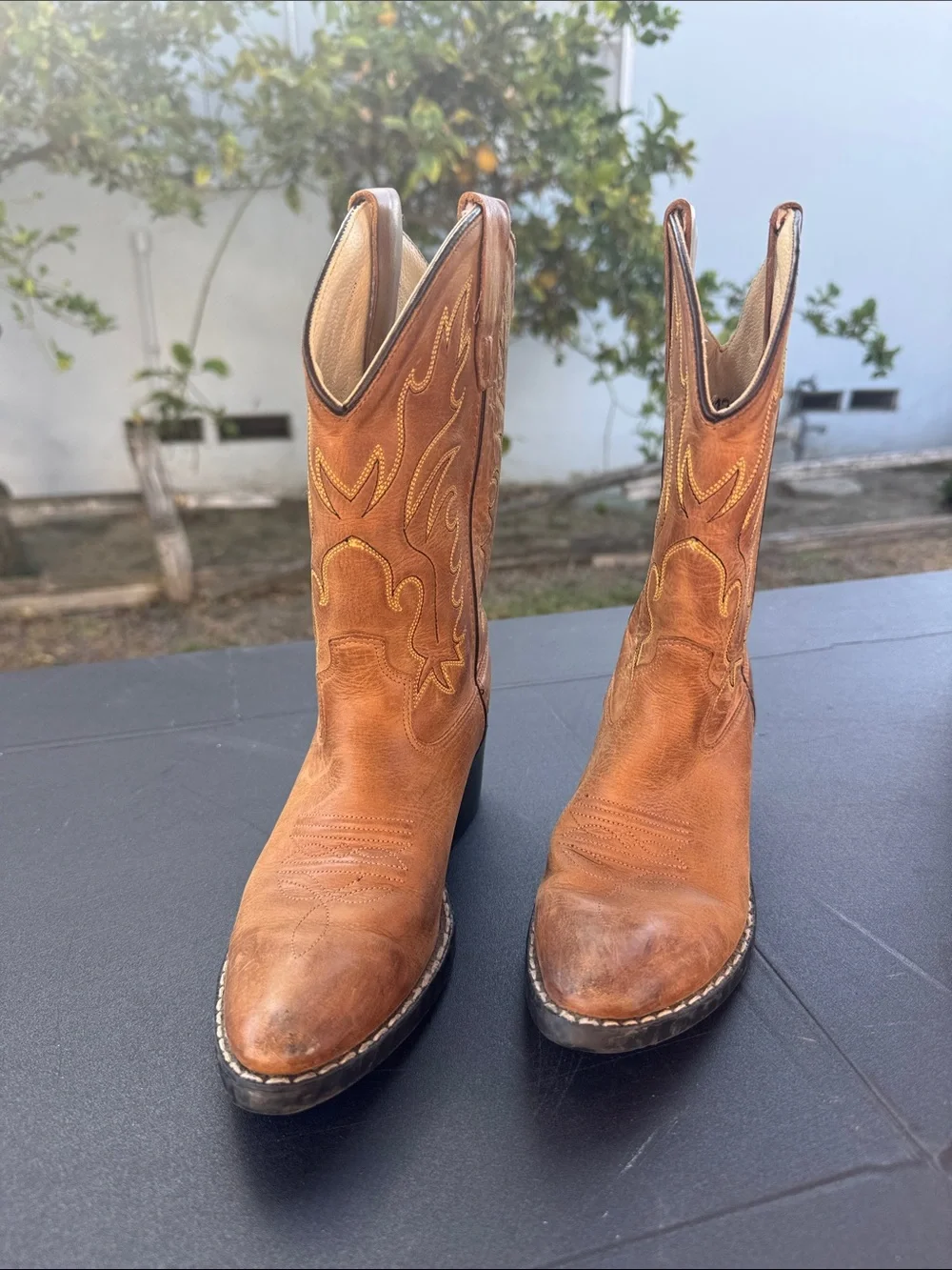 Old West Tan Brown Leather Western Cowboy Boots with Stitch Detail
